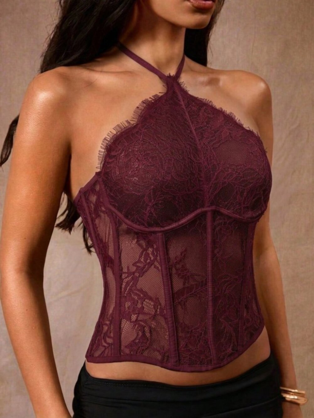 Burgundy Lace Halter Corset Top with Boning Detail